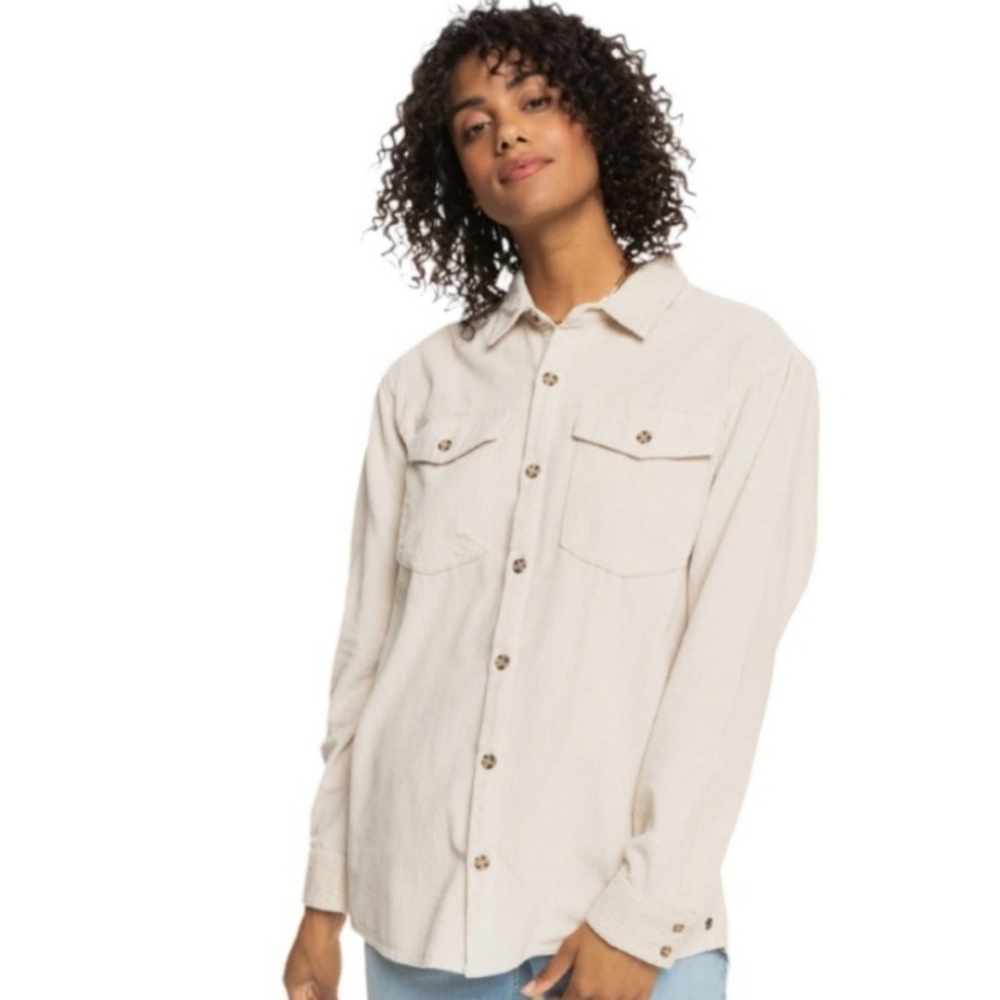 ROXY Let It Go Corduroy Long Sleeve Cotton Shirt Boyfriend Fit Size Medium